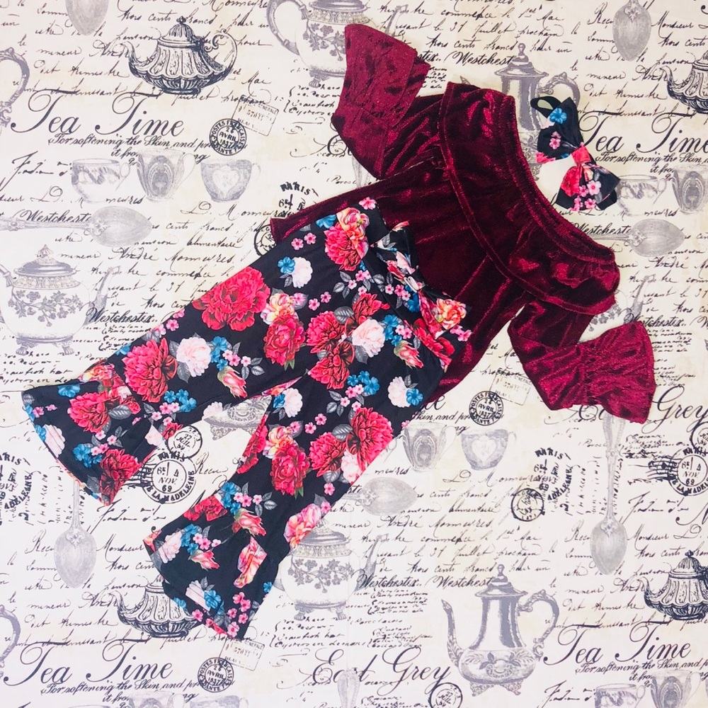 Floral Velvet Little Girls Outfit